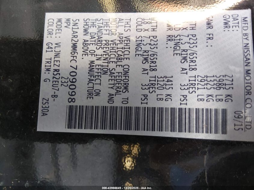 2015 Nissan Pathfinder Sv VIN: 5N1AR2MM6FC709098 Lot: 43966849