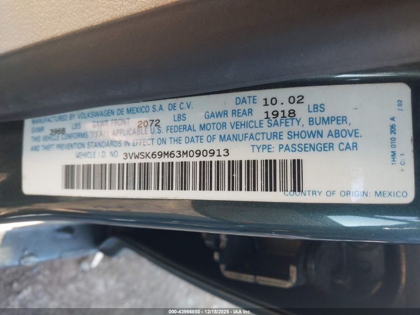 2003 Volkswagen Jetta Gls 2.0L VIN: 3VWSK69M63M090913 Lot: 43966850