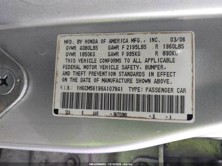 2006 Honda Accord 2.4 Vp VIN: 1HGCM56196A107941 Lot: 43966853