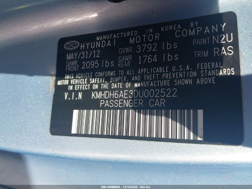 2013 Hyundai Elantra Se VIN: KMHDH6AE3DU002522 Lot: 43966854