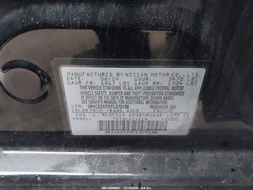 2015 Nissan Versa Note S Plus VIN: 3N1CE2CPXFL375136 Lot: 43966857