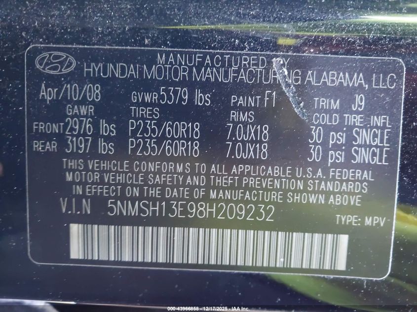 2008 Hyundai Santa Fe Limited/Se VIN: 5NMSH13E98H209232 Lot: 43966858
