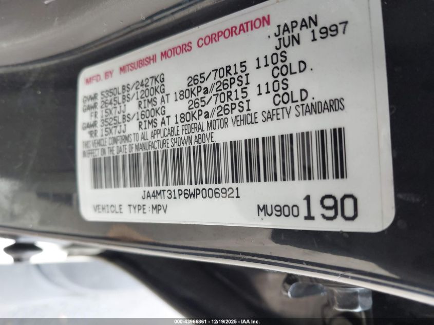 1998 Mitsubishi Montero Sport Ls VIN: JA4MT31P6WP006921 Lot: 43966861