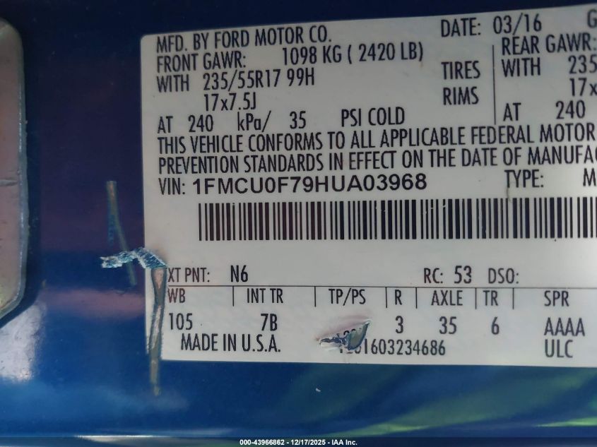 2017 Ford Escape S VIN: 1FMCU0F79HUA03968 Lot: 43966862