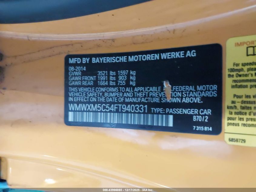 2015 Mini Hardtop Cooper VIN: WMWXM5C54FT940331 Lot: 43966865