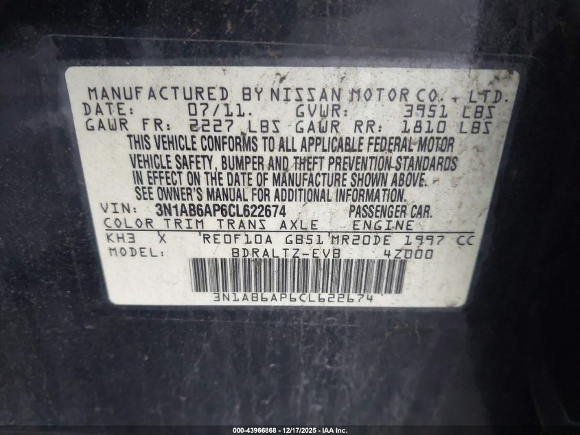 2012 Nissan Sentra 2.0 Sr VIN: 3N1AB6AP6CL622674 Lot: 43966868