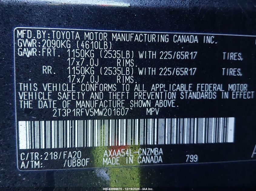 2021 Toyota Rav4 Xle VIN: 2T3P1RFV5MW201607 Lot: 43966870