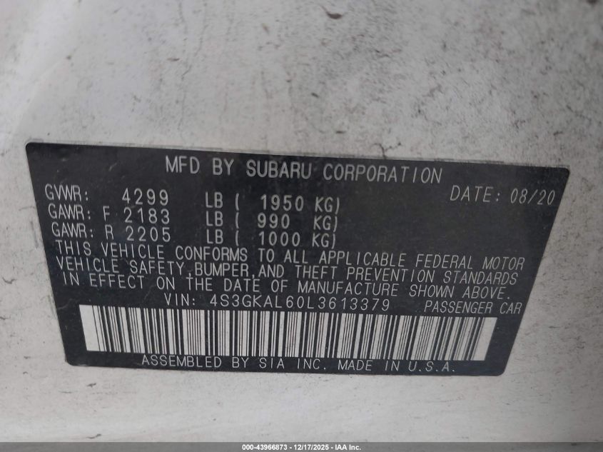 2020 Subaru Impreza Sport VIN: 4S3GKAL60L3613379 Lot: 43966873