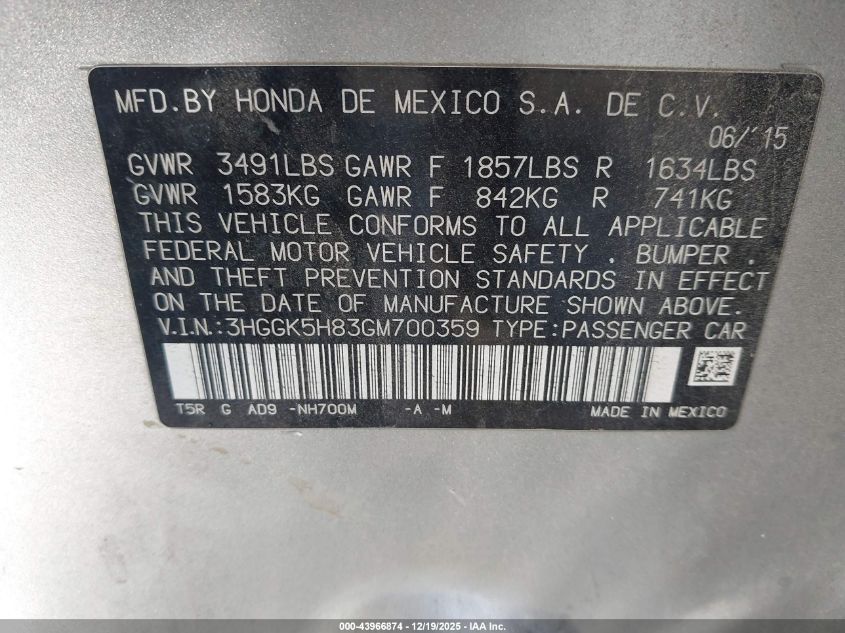 2016 Honda Fit Ex-L VIN: 3HGGK5H83GM700359 Lot: 43966874