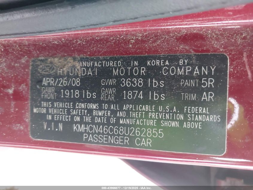 2008 Hyundai Accent Gls VIN: KMHCN46C68U262855 Lot: 43966877