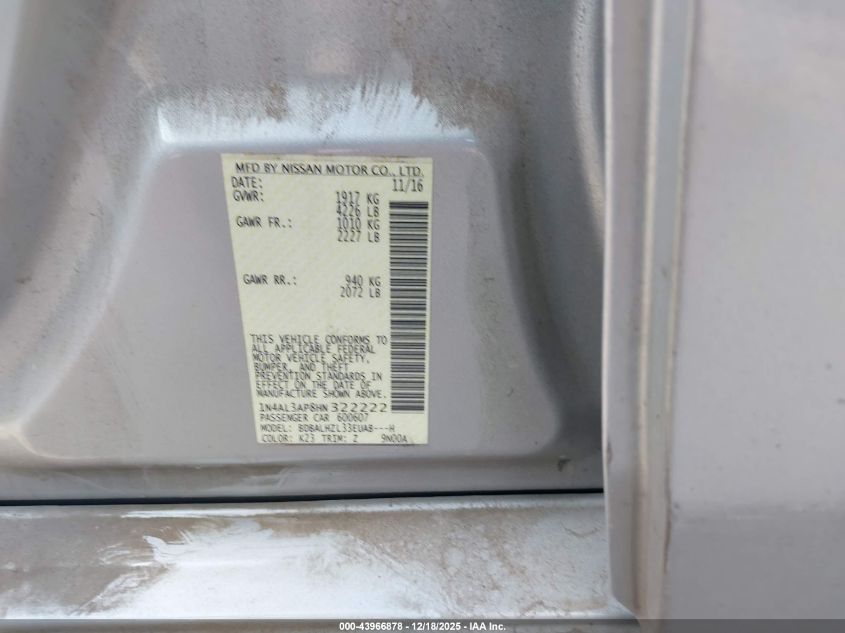 2017 Nissan Altima 2.5 Sr VIN: 1N4AL3AP8HN322222 Lot: 43966878