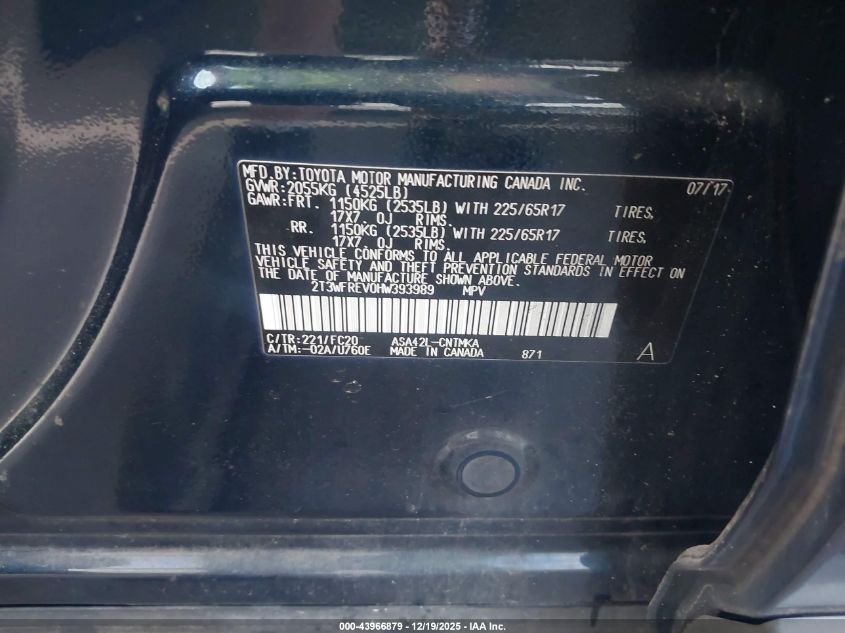 2017 Toyota Rav4 Xle VIN: 2T3WFREV0HW393989 Lot: 43966879