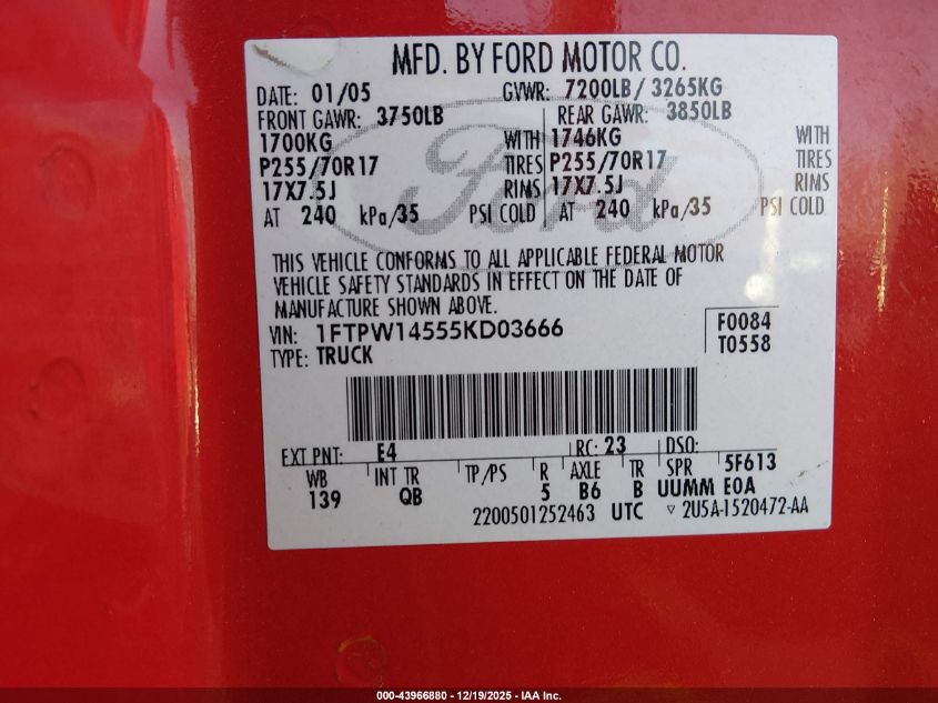 2005 Ford F-150 Fx4/Lariat/Xlt VIN: 1FTPW14555KD03666 Lot: 43966880