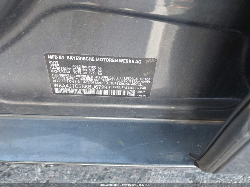2019 BMW 430I Gran Coupe VIN: WBA4J1C56KBU67293 Lot: 43966882
