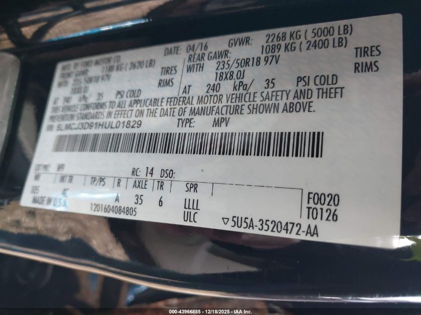 2017 Lincoln Mkc Reserve VIN: 5LMCJ3D91HUL01829 Lot: 43966885