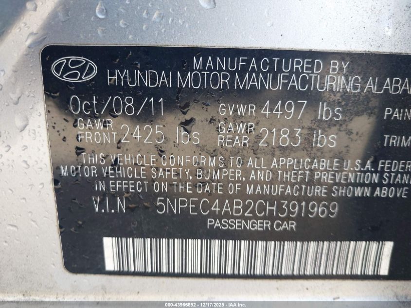 2012 Hyundai Sonata Se 2.0T VIN: 5NPEC4AB2CH391969 Lot: 43966892