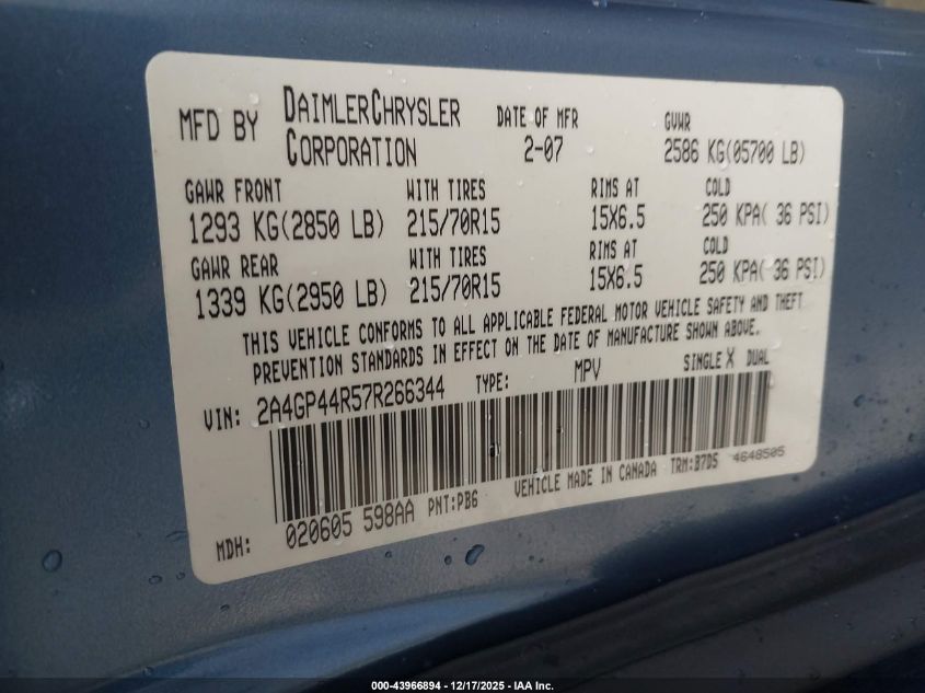 2007 Chrysler Town & Country Lx VIN: 2A4GP44R57R266344 Lot: 43966894