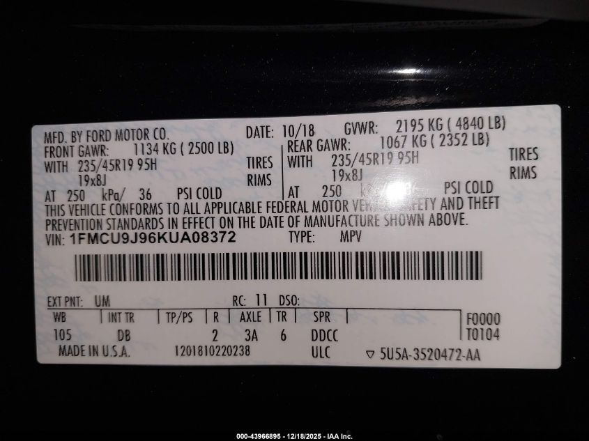 2019 Ford Escape Titanium VIN: 1FMCU9J96KUA08372 Lot: 43966895