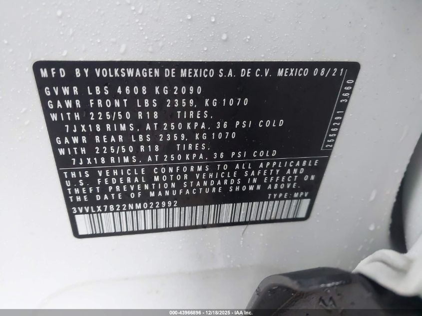 2022 Volkswagen Taos 1.5T Se VIN: 3VVLX7B22NM022992 Lot: 43966896