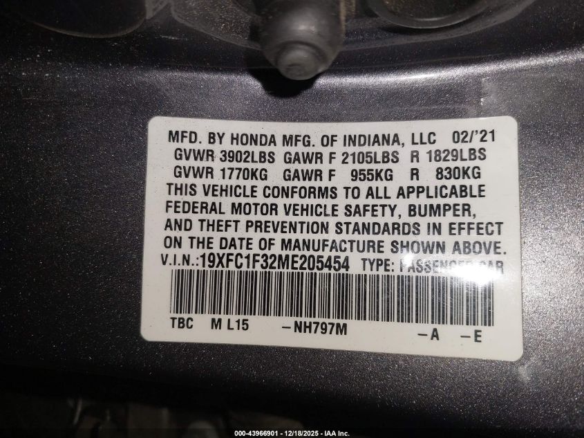 2021 Honda Civic Ex VIN: 19XFC1F32ME205454 Lot: 43966901