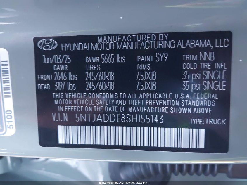 2025 Hyundai Santa Cruz Se VIN: 5NTJADDE8SH155143 Lot: 43966905