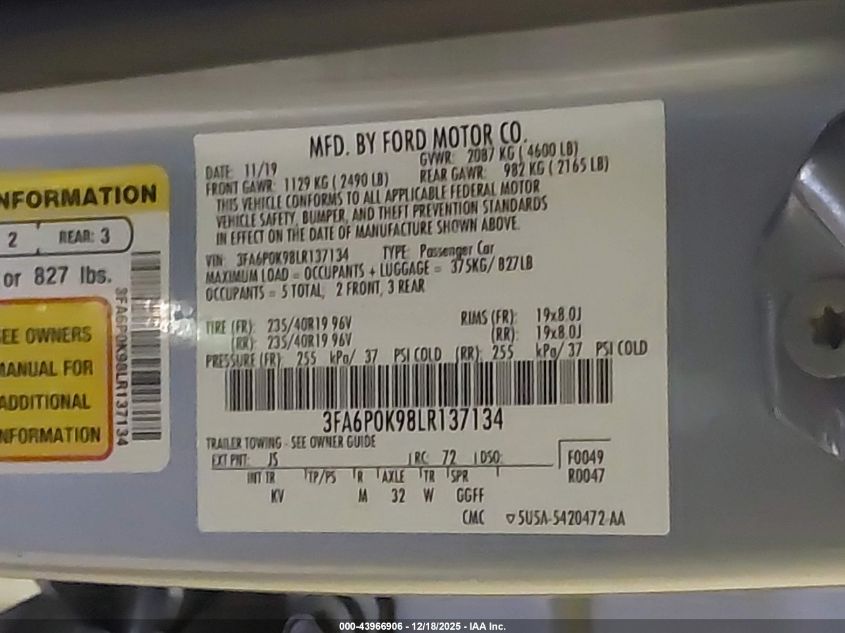 2020 Ford Fusion Titanium VIN: 3FA6P0K98LR137134 Lot: 43966906