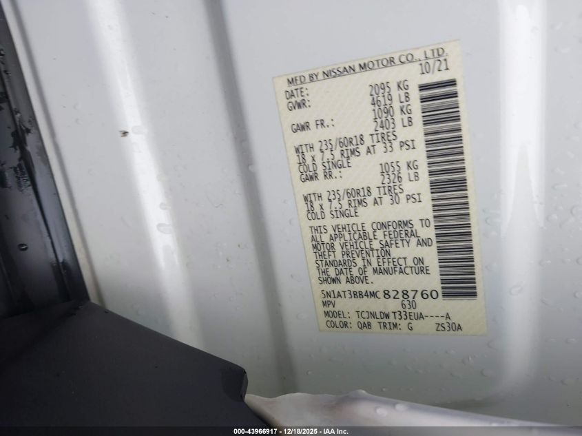 2021 Nissan Rogue Sv Intelligent Awd VIN: 5N1AT3BB4MC828760 Lot: 43966917