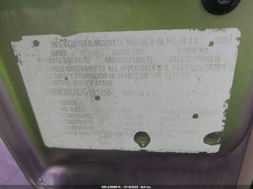 2002 Chevrolet Suburban 2500 Lt VIN: 3GNGK26U82G181255 Lot: 43966918