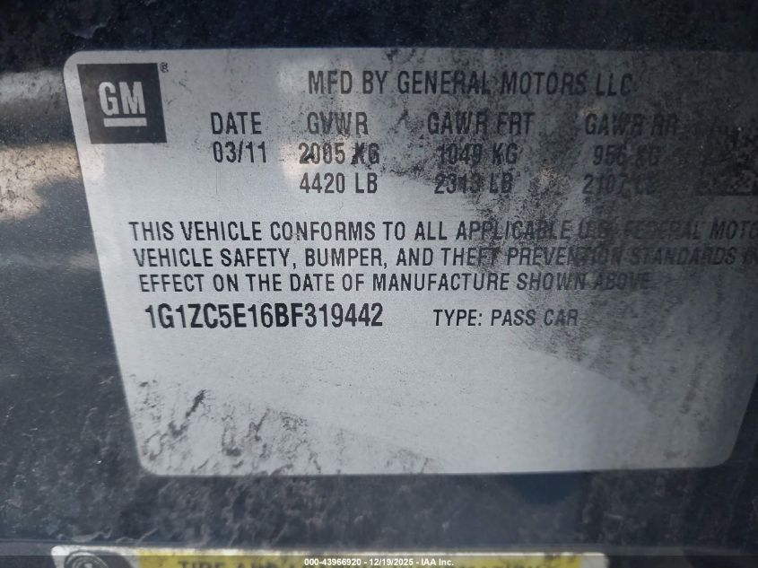 2011 Chevrolet Malibu 1Lt VIN: 1G1ZC5E16BF319442 Lot: 43966920