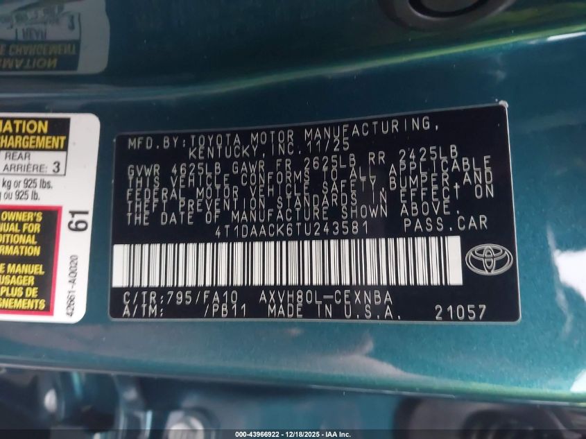 2026 Toyota Camry Le VIN: 4T1DAACK6TU243581 Lot: 43966922