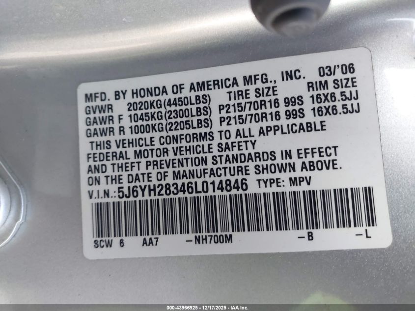 2006 Honda Element Lx VIN: 5J6YH28346L014846 Lot: 43966925