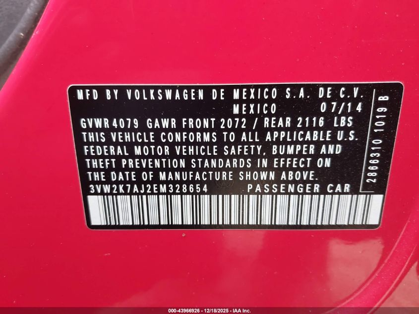 2014 Volkswagen Jetta 2.0L S VIN: 3VW2K7AJ2EM328654 Lot: 43966926