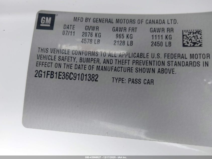 2012 Chevrolet Camaro 1Lt VIN: 2G1FB1E36C9101382 Lot: 43966927