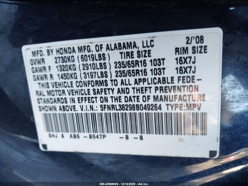 2008 Honda Odyssey Lx VIN: 5FNRL38298B049264 Lot: 43966929