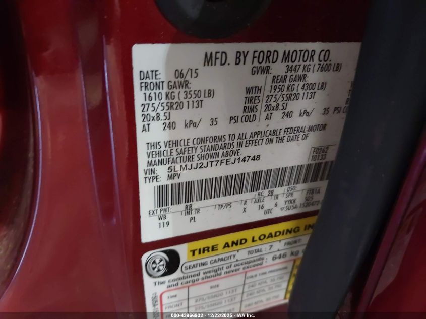 2015 Lincoln Navigator VIN: 5LMJJ2JT7FEJ14748 Lot: 43966932