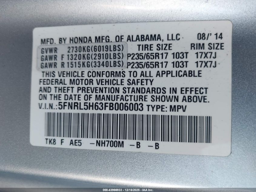 2015 Honda Odyssey Ex-L VIN: 5FNRL5H63FB006003 Lot: 43966933