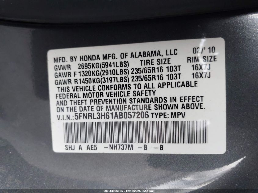 2010 Honda Odyssey Ex-L VIN: 5FNRL3H61AB057206 Lot: 43966935