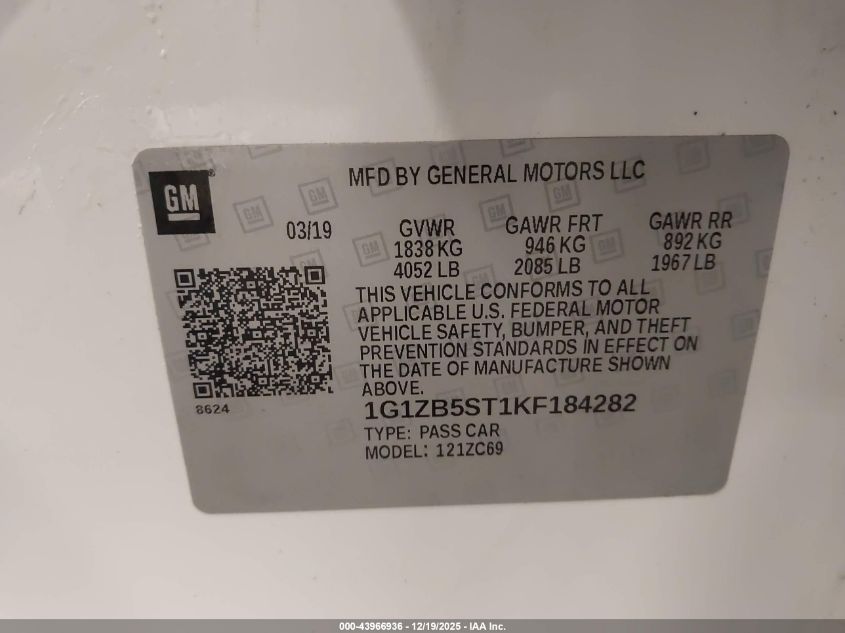 2019 Chevrolet Malibu 1Ls VIN: 1G1ZB5ST1KF184282 Lot: 43966936