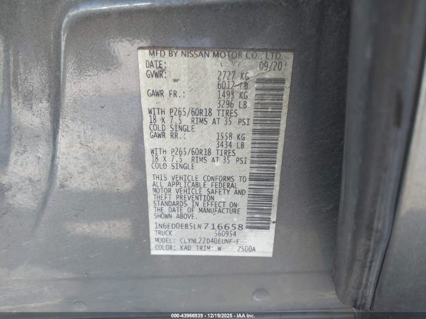 2020 Nissan Frontier Sv 4X4 VIN: 1N6ED0EB5LN716658 Lot: 43966939