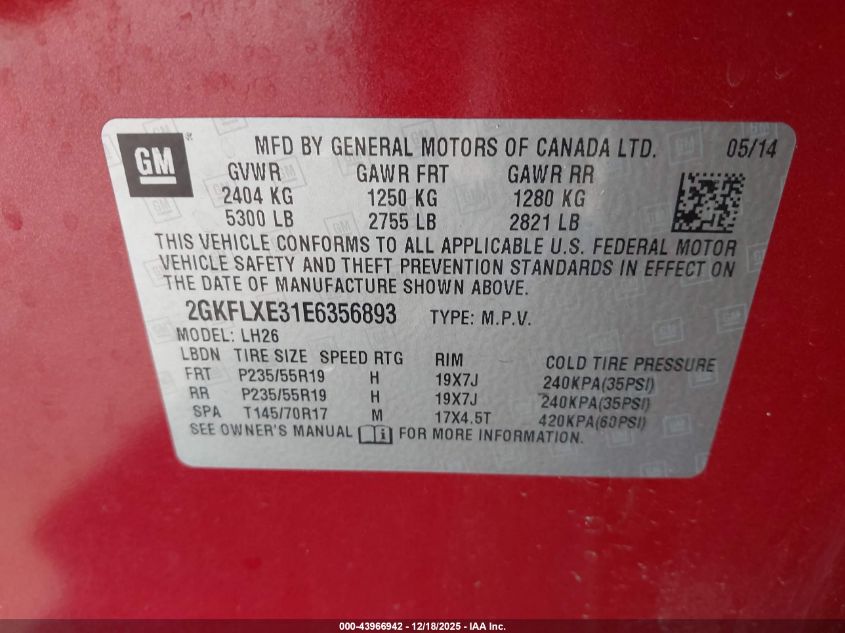 2014 GMC Terrain Slt-1 VIN: 2GKFLXE31E6356893 Lot: 43966942