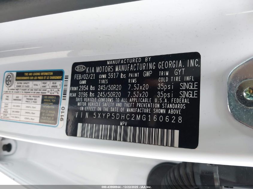 2021 Kia Telluride Sx VIN: 5XYP5DHC2MG160628 Lot: 43966944