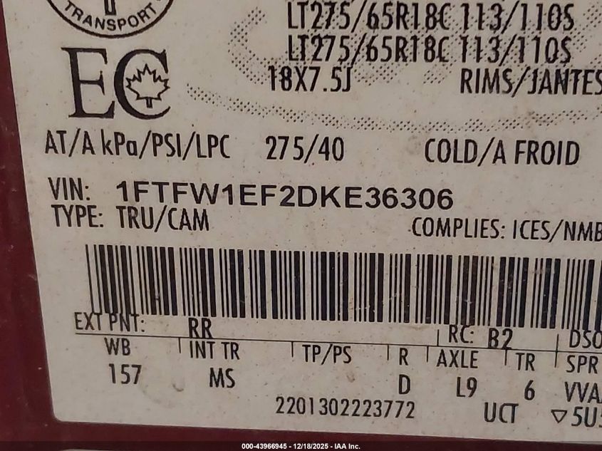 2013 Ford F-150 Xlt VIN: 1FTFW1EF2DKE36306 Lot: 43966945