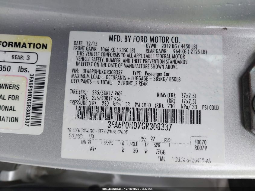 2016 Ford Fusion Se VIN: 3FA6P0HDXGR308337 Lot: 43966948