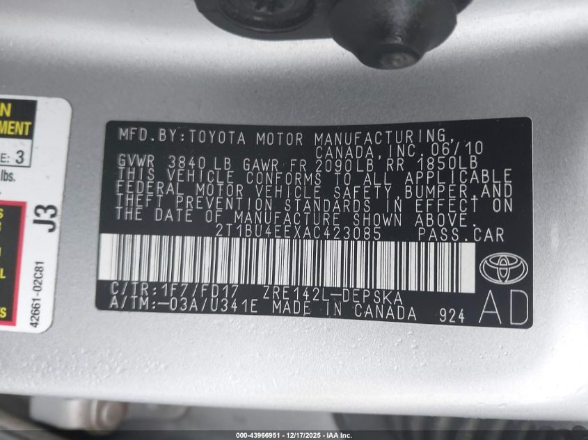 2010 Toyota Corolla S VIN: 2T1BU4EEXAC423085 Lot: 43966951