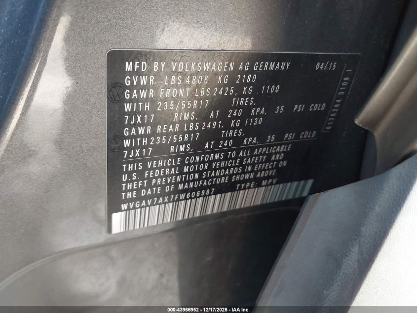 2015 Volkswagen Tiguan Se VIN: WVGAV7AX7FW606987 Lot: 43966952