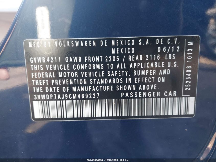 2012 Volkswagen Jetta 2.5L Se VIN: 3VWDP7AJ9CM469227 Lot: 43966954