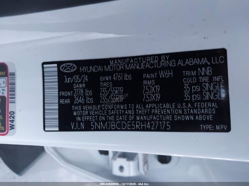 2024 Hyundai Tucson Sel VIN: 5NMJBCDE5RH427175 Lot: 43966955