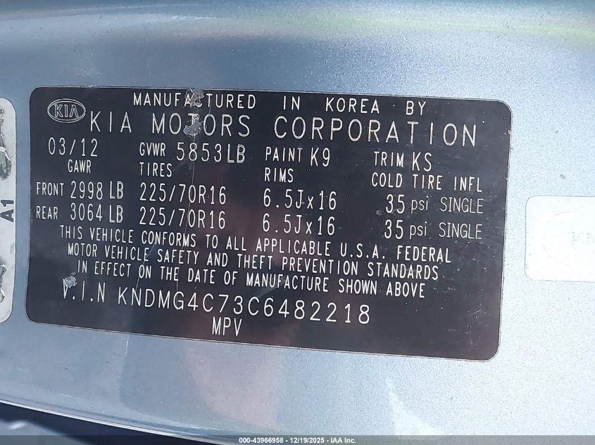 2012 Kia Sedona Lx VIN: KNDMG4C73C6482218 Lot: 43966958