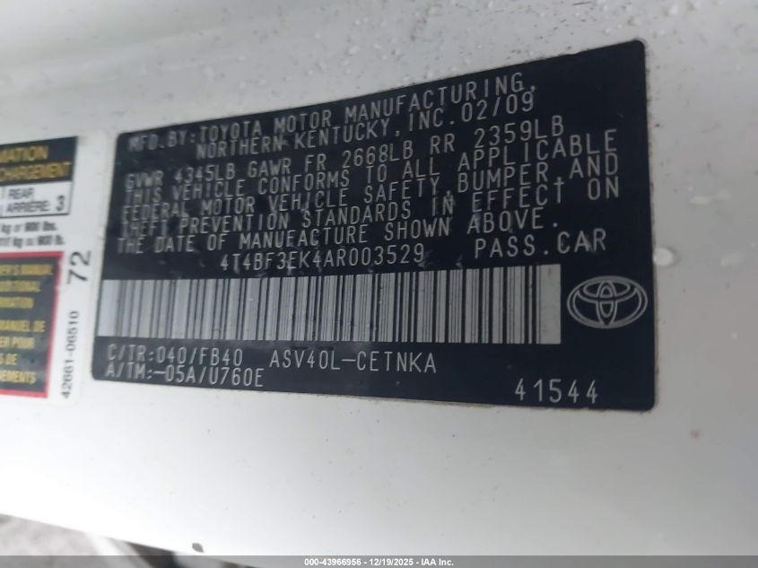 2010 Toyota Camry Le VIN: 4T4BF3EK4AR003529 Lot: 43966956