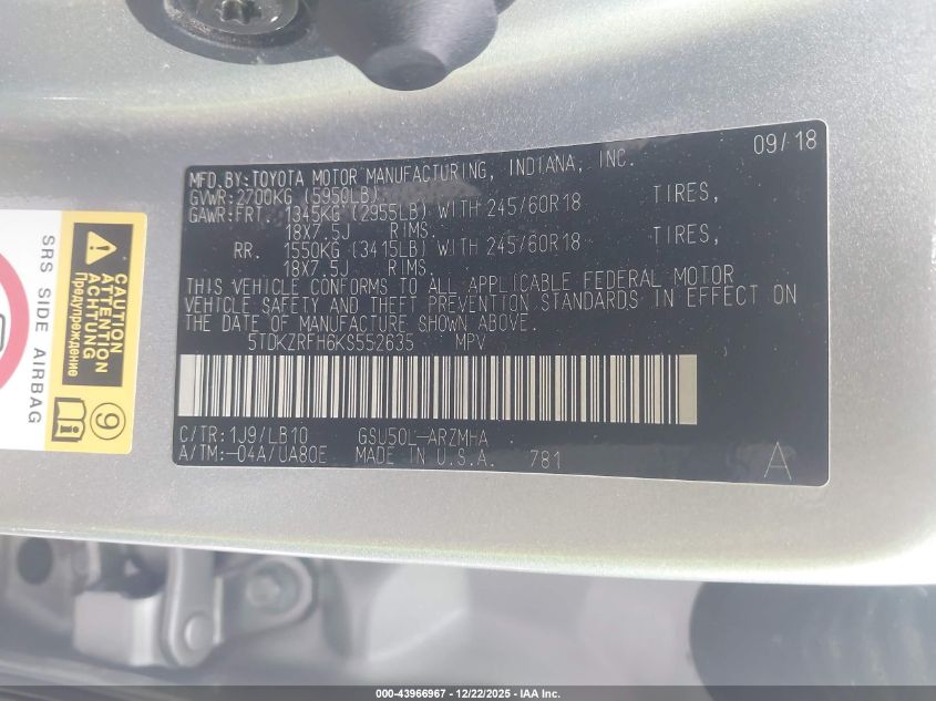 2019 Toyota Highlander Xle VIN: 5TDKZRFH6KS552635 Lot: 43966967